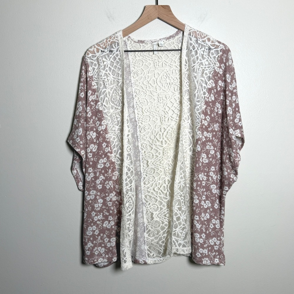 Cato Womens Cardigan S Pink Floral Lace Back Open Front Kimono Sleeve Boho Chic
